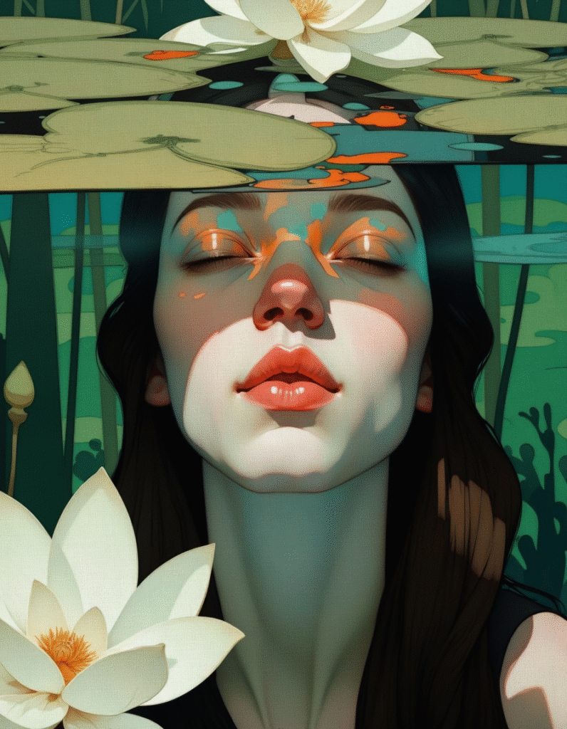 Retrato hiperrealista de una mujer flotando en un estanque con flores de loto, con los ojos cerrados y expresión serena.