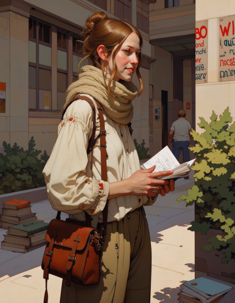 Joven de aspecto bohemio con una libreta en las manos, caminando por un campus universitario rodeada de libros apilados.