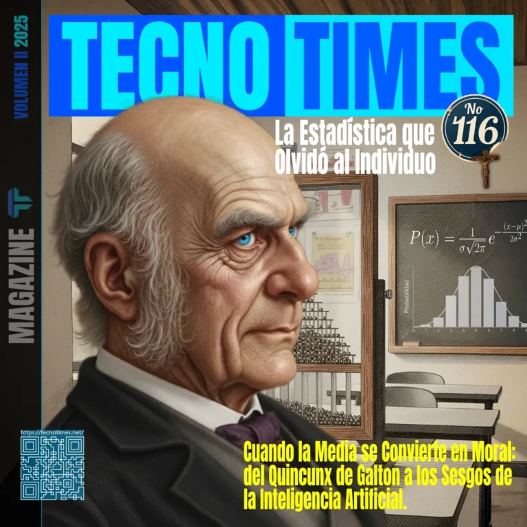 Portada de TecnoTimes Nº116: La Estadística que Olvidó al Individuo. Retrato de Francis Galton en un aula con una máquina de Galton y fórmulas matemáticas, símbolo de la relación entre azar, control y los sesgos de la inteligencia artificial.