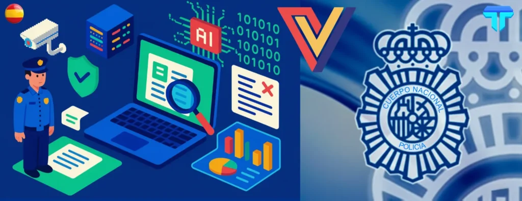 Ilustración sobre el sistema Veripol, inteligencia artificial utilizada por la Policía Nacional para detectar denuncias falsas mediante análisis de lenguaje.