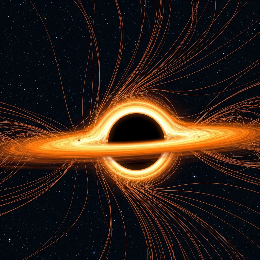 Representación artística de un agujero negro con su disco de acreción y líneas de campo alrededor