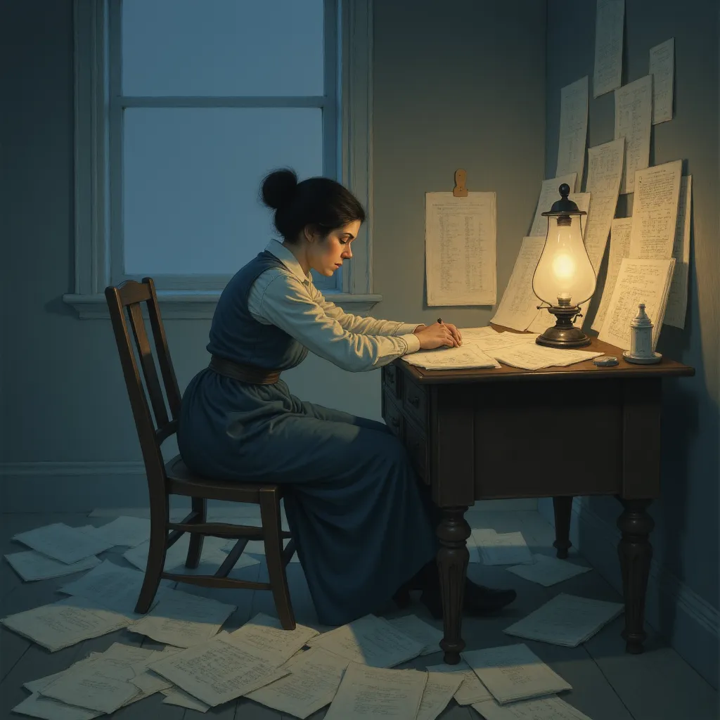 Mileva Marić estudiando en un entorno académico, ilustración de sus dificultades con las matemáticas avanzadas. Ilustración de Mileva Marić estudiando sola de noche, rodeada de apuntes y cálculos, simbolizando el esfuerzo académico y las dificultades matemáticas que enfrentó en su formación.