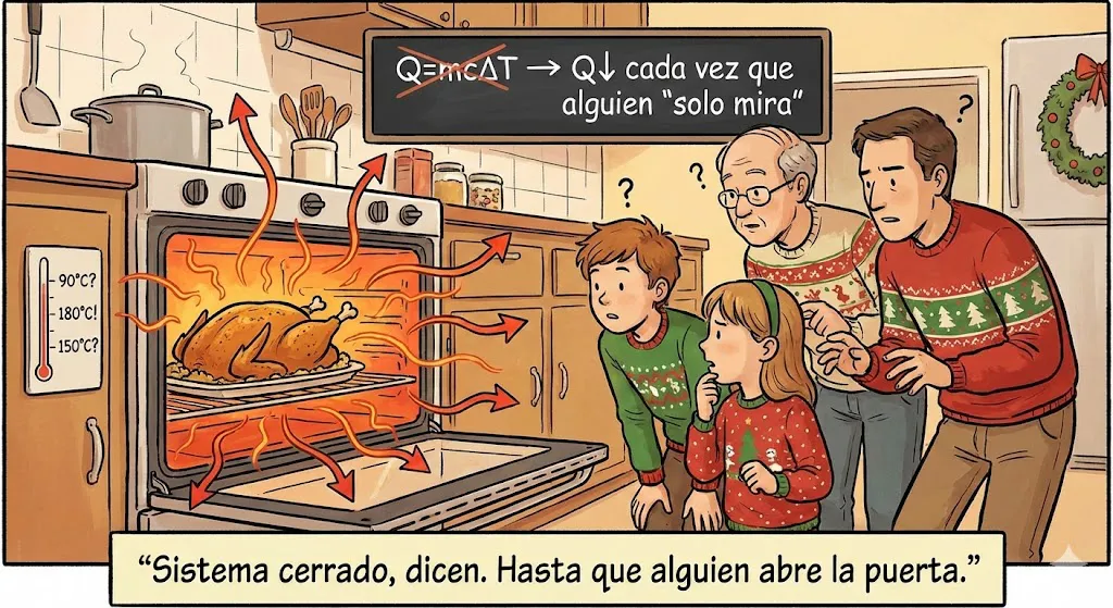 Ilustración de un horno abierto durante una cena de Navidad mostrando la pérdida de calor como fenómeno termodinámico observado por una familia.