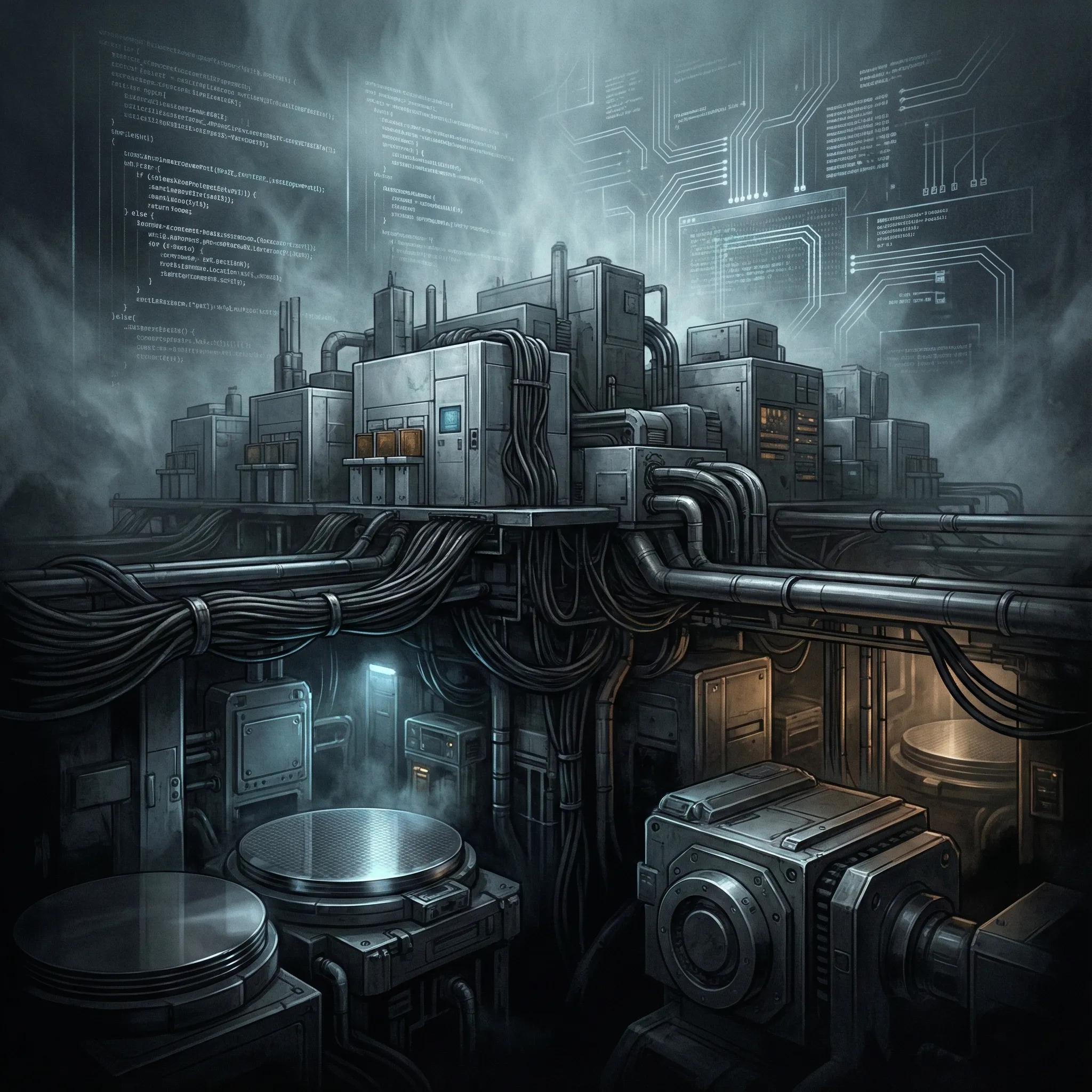 Infraestructura industrial de semiconductores con fábricas, cables y maquinaria, representando el poder material que sostiene el mundo digital más allá de los discursos y las ideas.