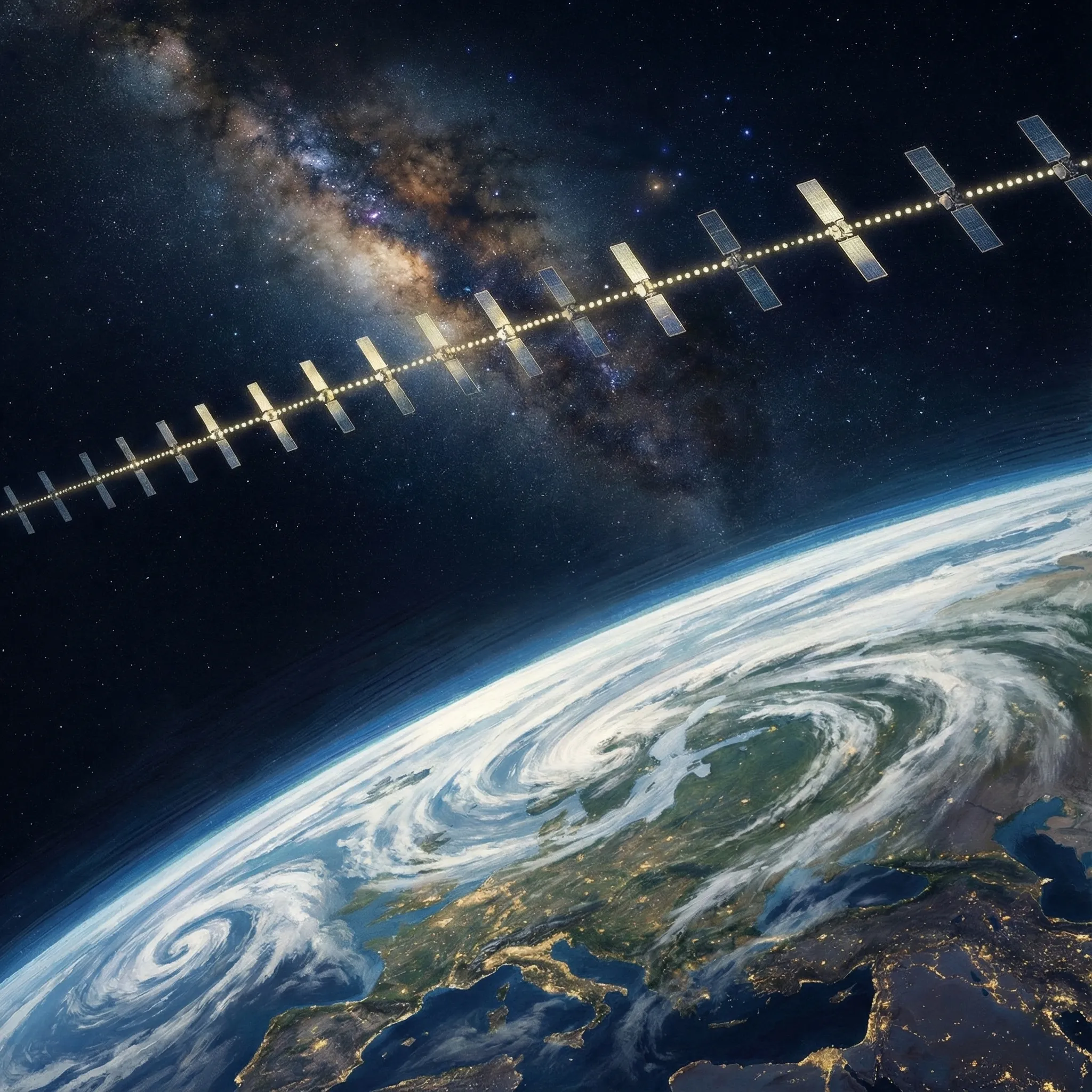 Cadena de satélites Starlink cruzando el cielo nocturno sobre Europa, iluminados frente a la Vía Láctea