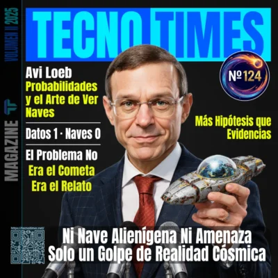 Avi Loeb sostiene maqueta de nave alienígena en portada de TecnoTimes Nº 124 sobre el cometa interestelar 3I/ATLAS
