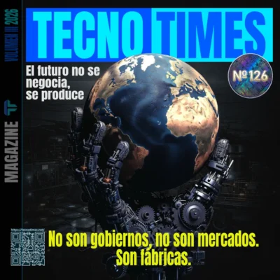Portada de TecnoTimes nº 126 con un globo terráqueo sostenido por maquinaria industrial, símbolo del poder tecnológico y la dependencia del silicio en la economía global.