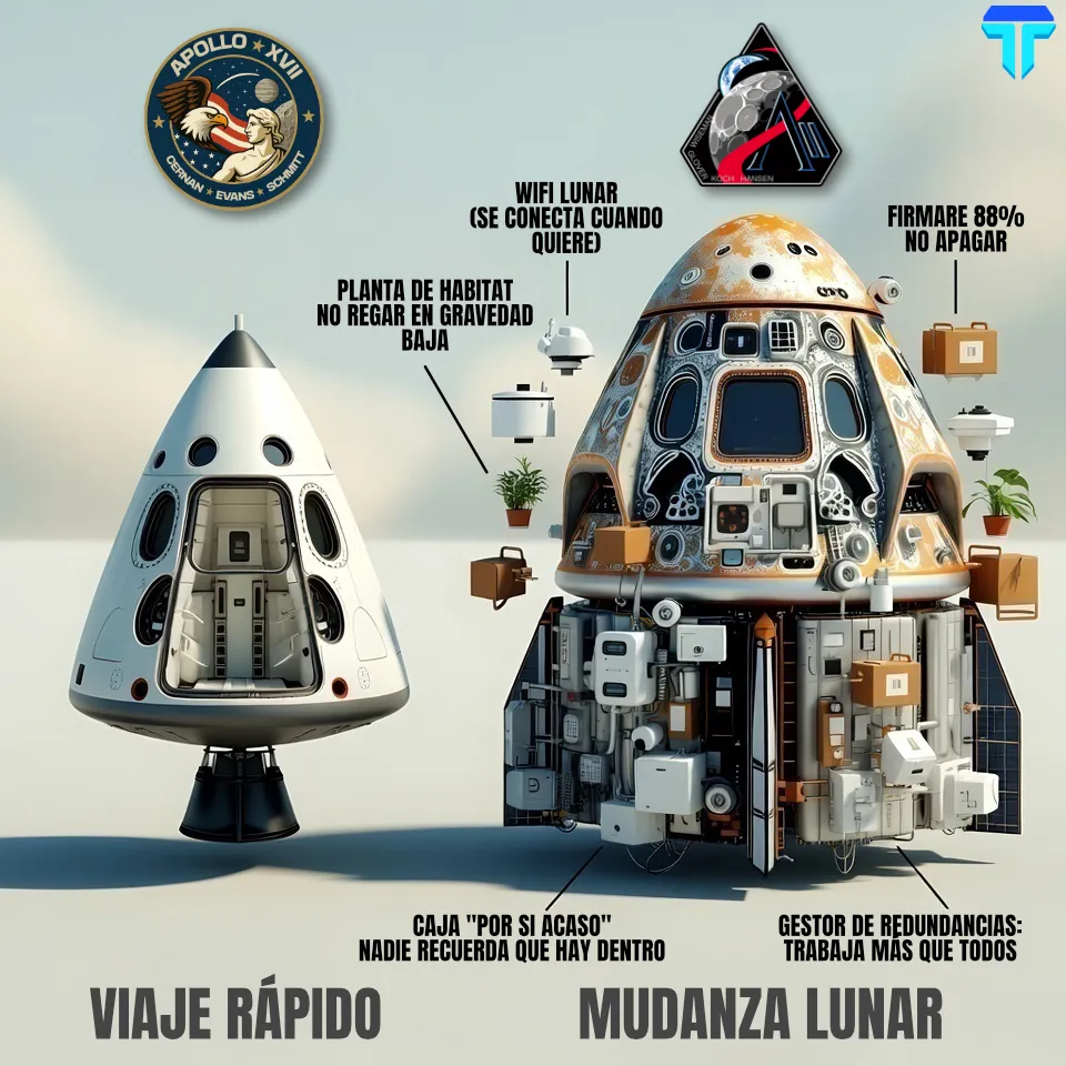 Comparativa visual entre la cápsula Apolo y la nave Orion mostrando la diferencia entre una misión lunar breve y una arquitectura preparada para estancias prolongadas con sistemas autónomos y redundantes.