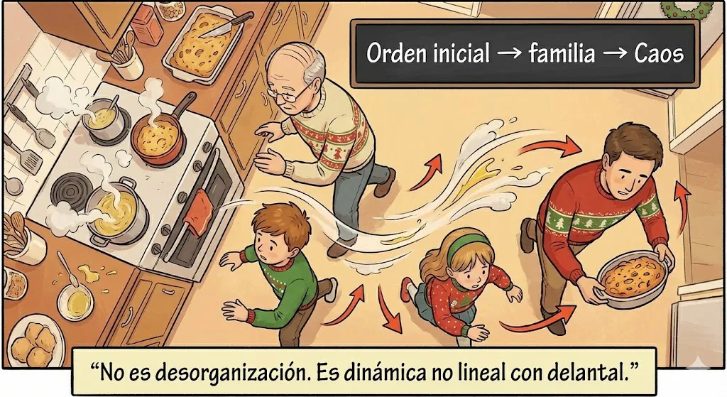 Vista cenital de una cocina navideña con personas moviéndose de forma caótica, representada como un sistema dinámico no lineal.
