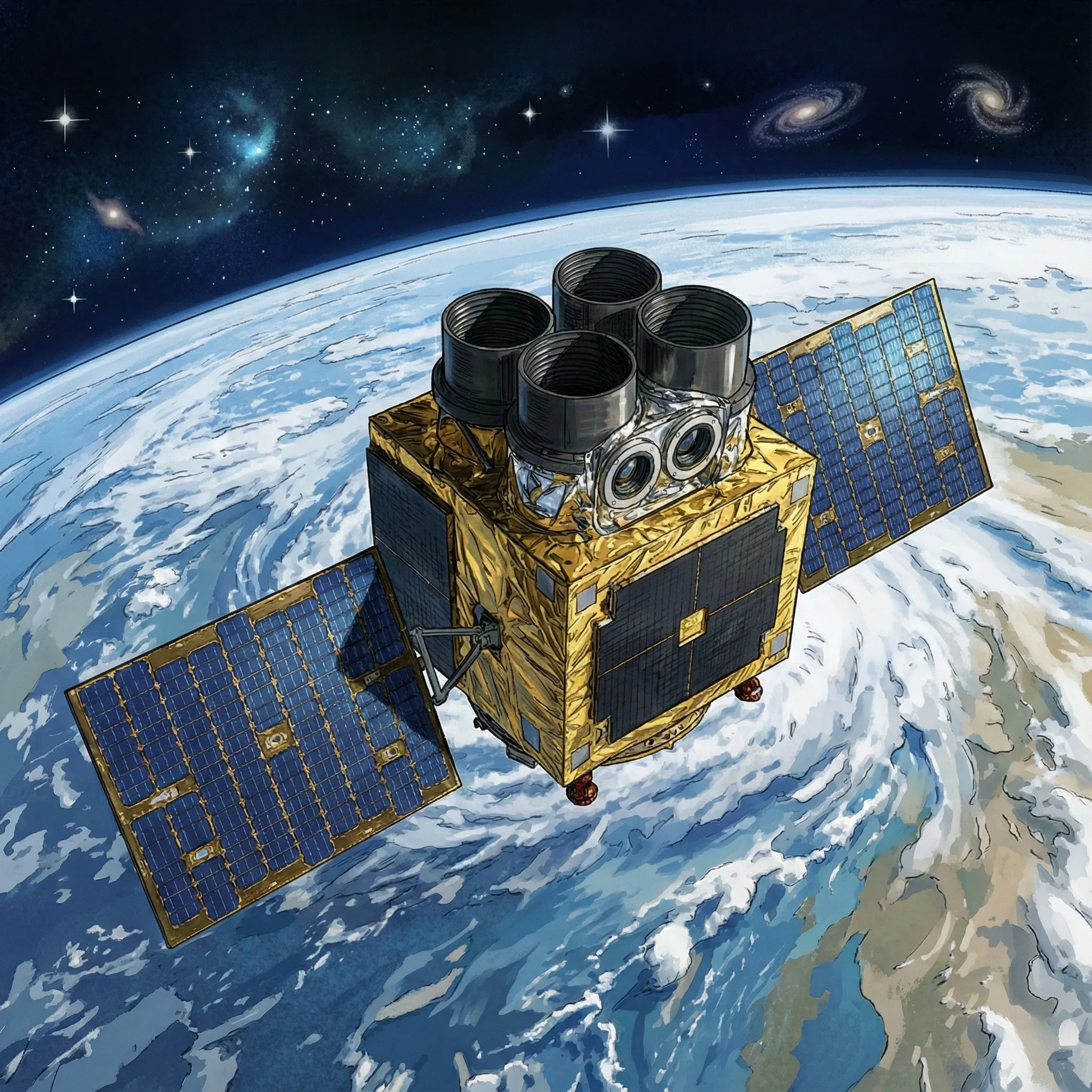 El satélite ARRAKIHS orbitando la Tierra mientras observa estructuras débiles del universo desde una órbita polar