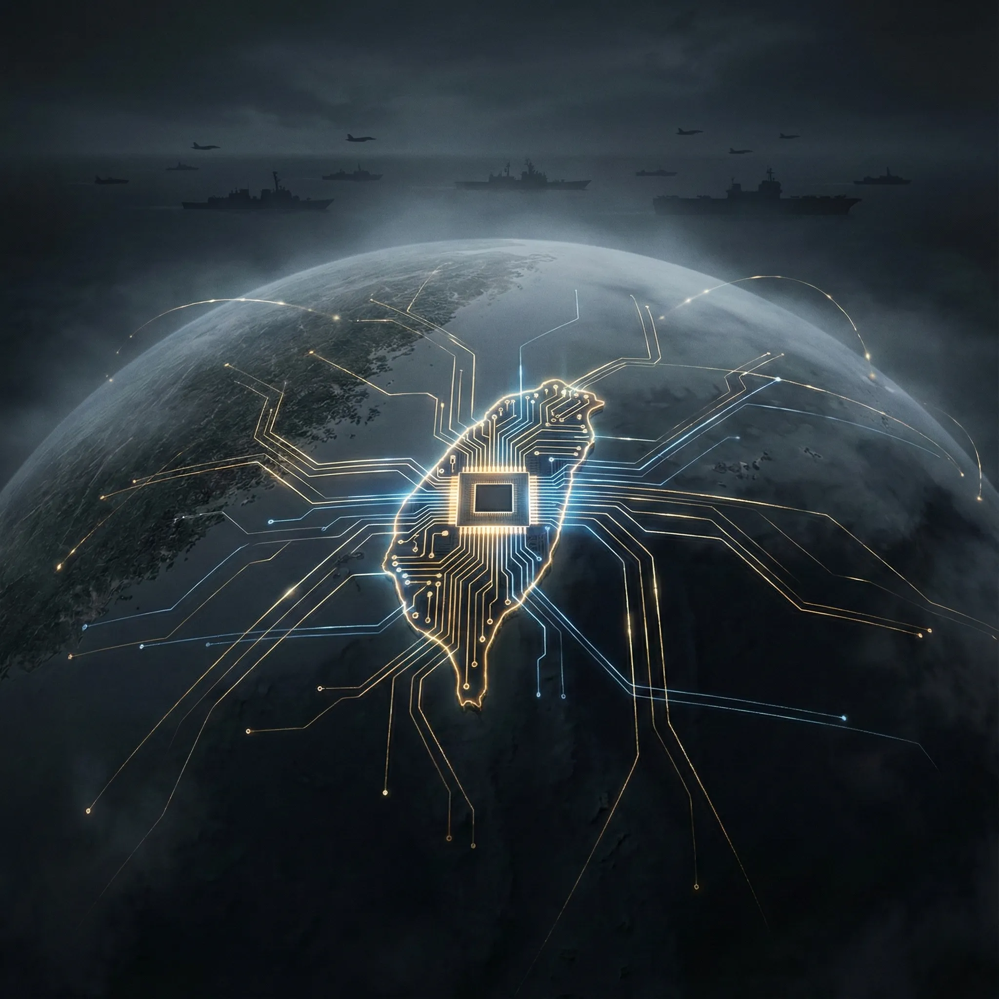 Globo terráqueo en penumbra con Taiwán iluminado como nodo central de circuitos, representando la dependencia global de los semiconductores y el riesgo geopolítico asociado a su control.