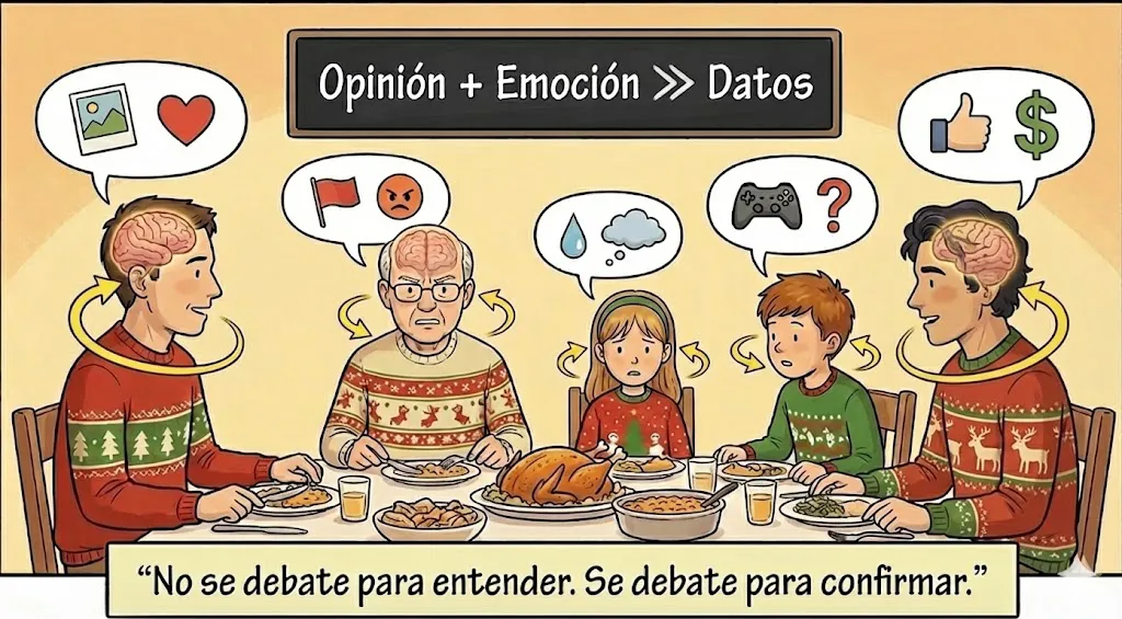 Familia sentada a la mesa durante la cena de Navidad intercambiando opiniones dominadas por símbolos emocionales en lugar de argumentos racionales.