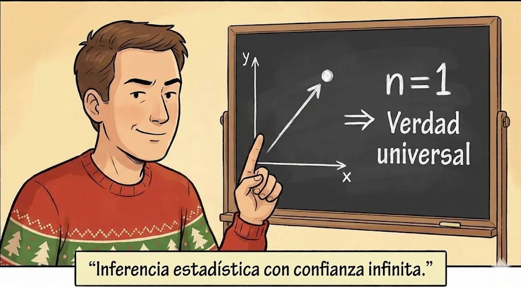 Escena satírica de una discusión navideña donde un único caso personal se presenta como evidencia estadística general.