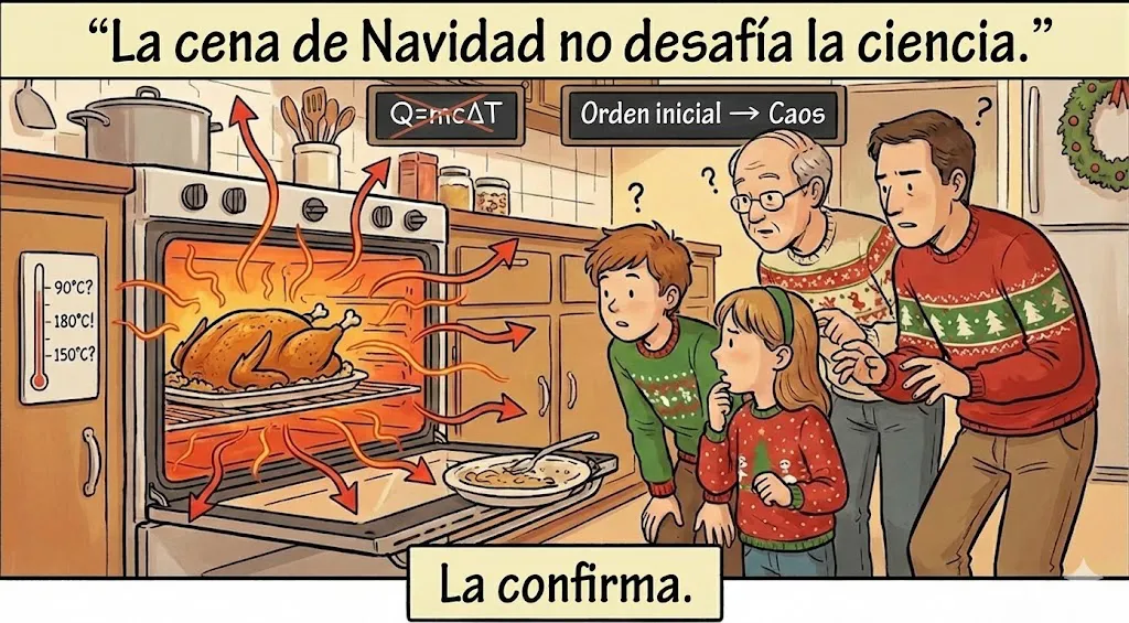 Escena final que integra familia, cocina y cena navideña como un sistema complejo observado desde una perspectiva científica.