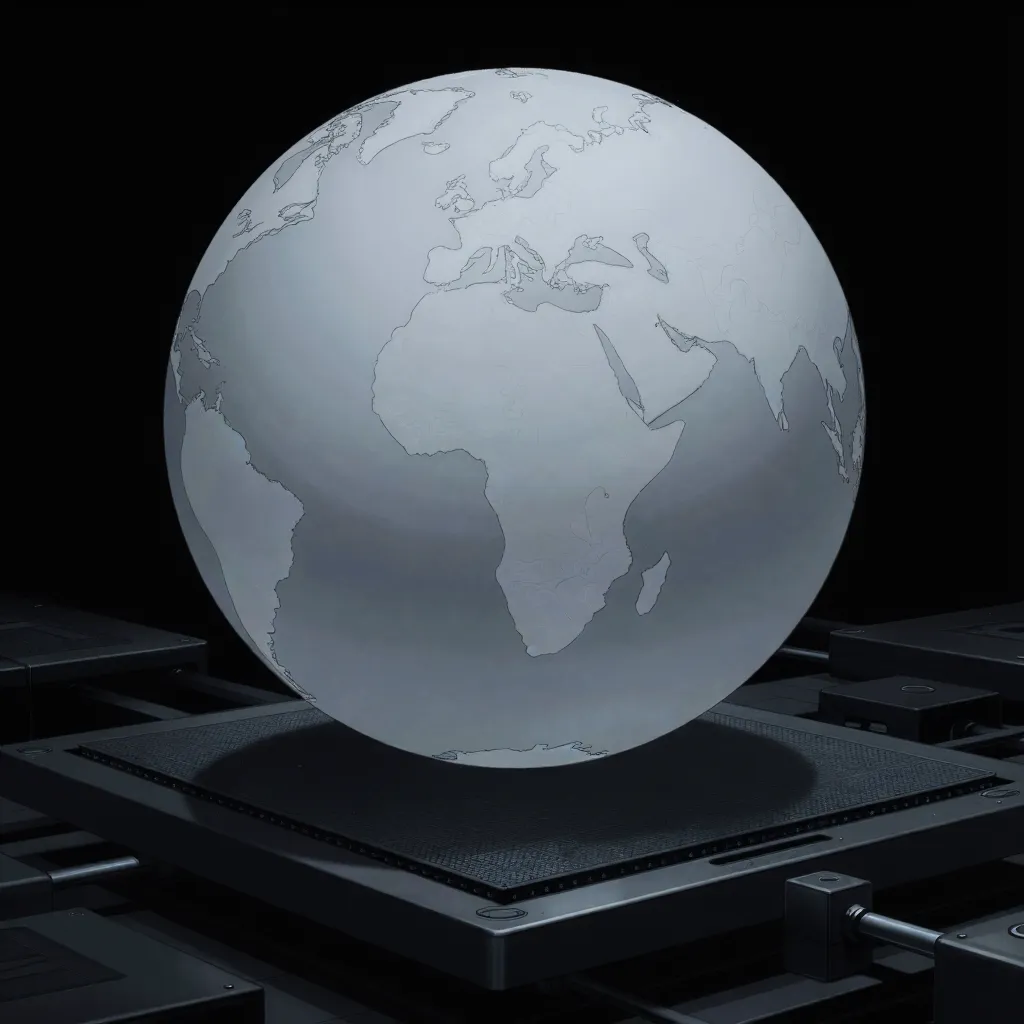 Globo terráqueo sostenido por una base industrial de silicio y maquinaria, símbolo del poder tecnológico que controla qué puede existir en el mundo digital.