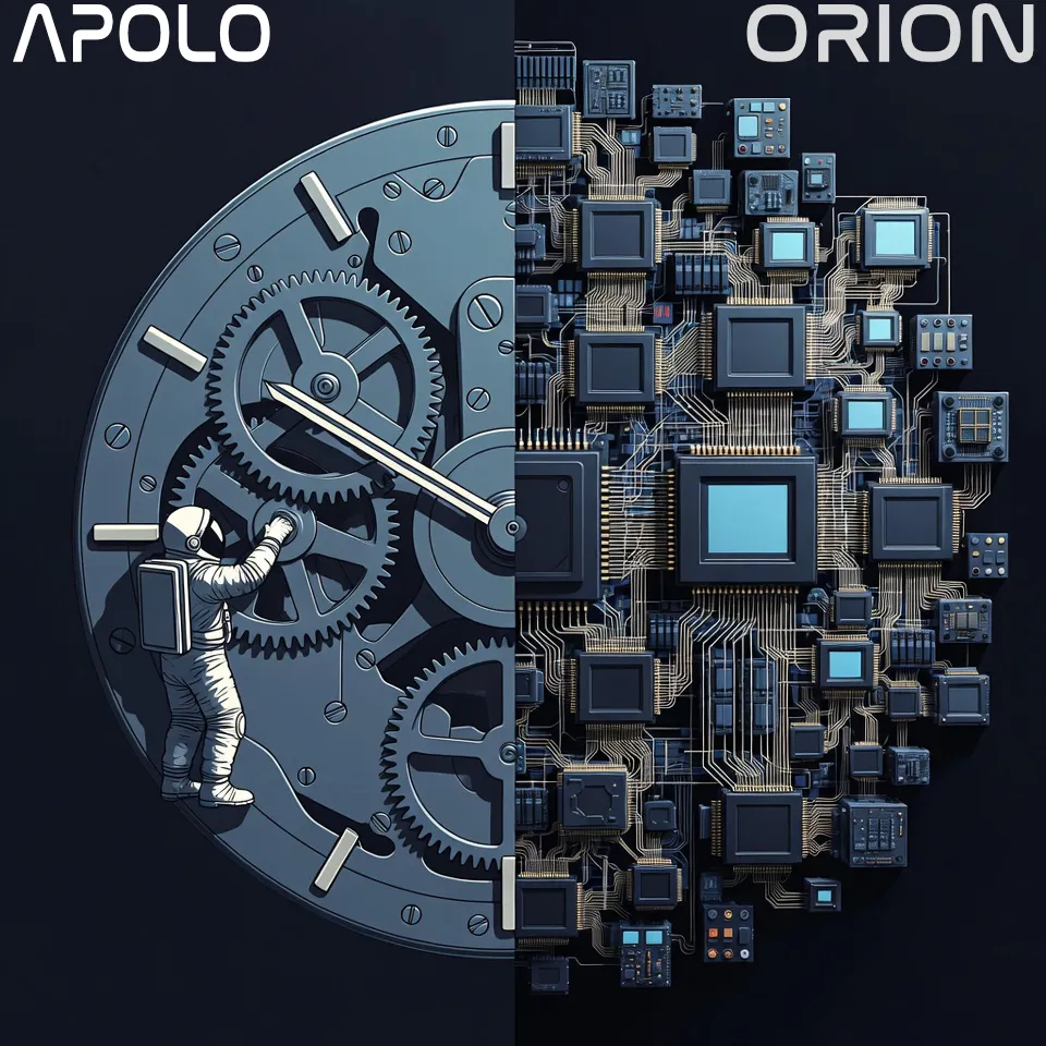Comparación conceptual entre el ordenador del Apolo, representado como un mecanismo mecánico simple, y el sistema de computación de Orion, mostrado como una arquitectura digital compleja y distribuida.