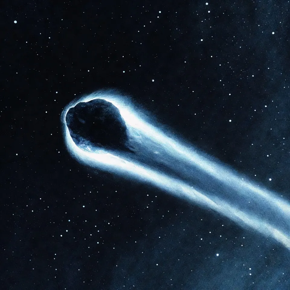 Ilustración artística del cometa 3I/ATLAS cometa interestelar con coma brillante y doble cola de gas, desplazándose intacto por el espacio profundo.