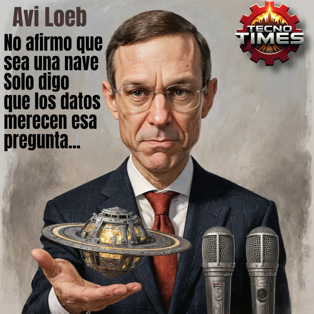 Avi Loeb sosteniendo una maqueta de nave alienígena durante una conferencia, junto a la cita: “No afirmo que sea una nave, solo digo que los datos merecen esa pregunta”.