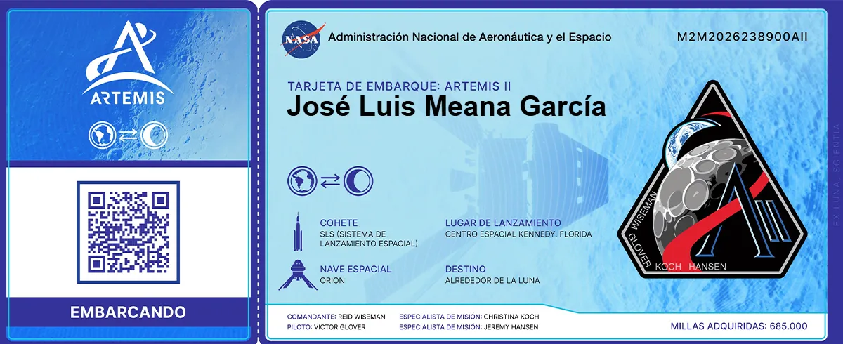 Tarjeta de embarque simbólica de la misión Artemis que representa la participación del público en la nueva era de la exploración lunar.