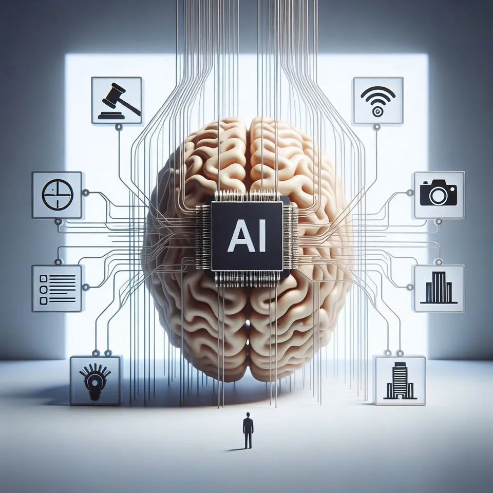 La IA como infraestructura estratégica de poder Cerebro humano conectado a un chip de inteligencia artificial que enlaza infraestructuras, Estados y plataformas digitales como representación del poder estructural de la IA.