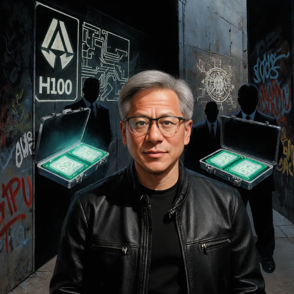 Retrato editorial de Jensen Huang con chaqueta de cuero, rodeado de chips Nvidia H100 y figuras en la sombra, simbolizando la financiación circular y el poder financiero de Nvidia en la era de la inteligencia artificial