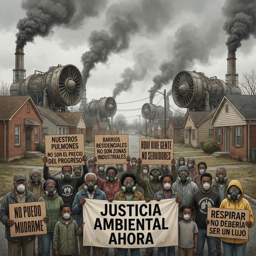 Vecinos de un barrio residencial protestan frente a turbinas industriales que emiten humo tóxico, simbolizando el impacto en la salud del entrenamiento de modelos de inteligencia artificial.