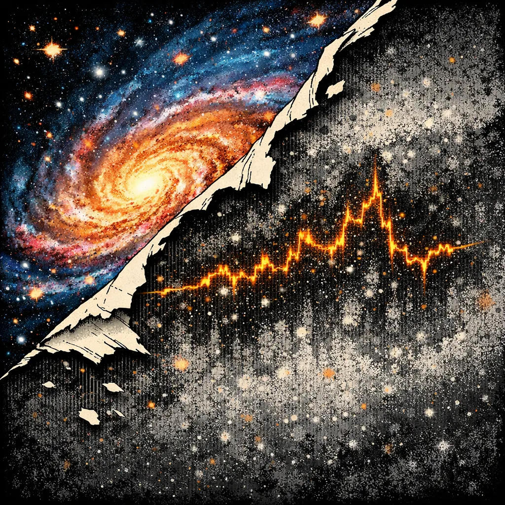 El arte de mirar donde no se ve nada Ilustración editorial que muestra una galaxia brillante rasgada para revelar una estructura oscura y caótica oculta, simbolizando la diferencia entre la astronomía visible y el universo real dominado por polvo y ruido.