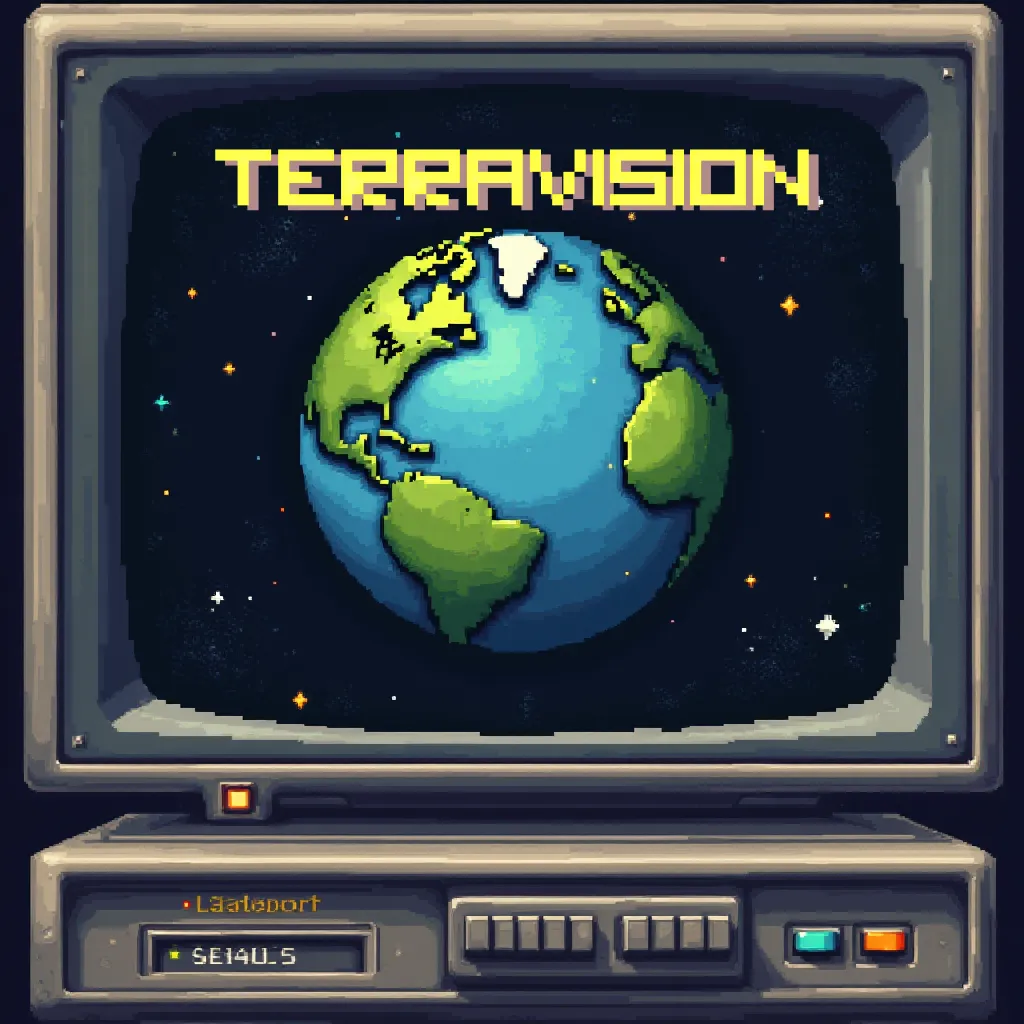 TerraVision: el origen del globo digital interactivo Ilustración retro de TerraVision mostrando la Tierra digitalizada en una pantalla de ordenador, símbolo del primer globo virtual interactivo creado por ART+COM en los años 90.