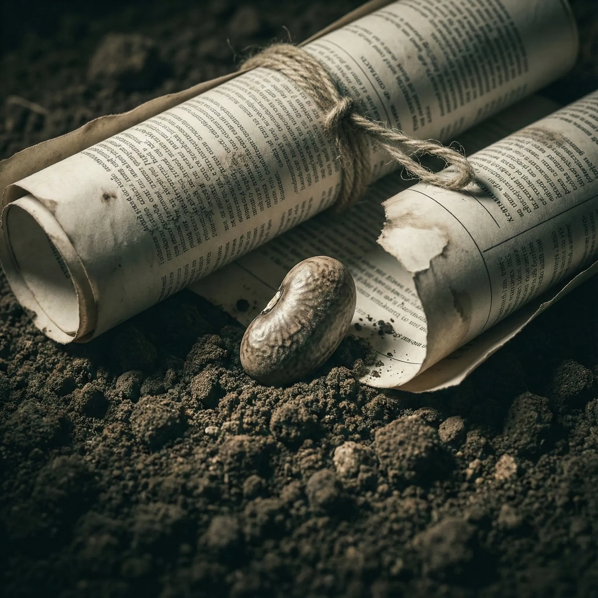 Semilla sobre tierra junto a documentos legales atados, símbolo de la privatización de las semillas y el control legal de la agricultura