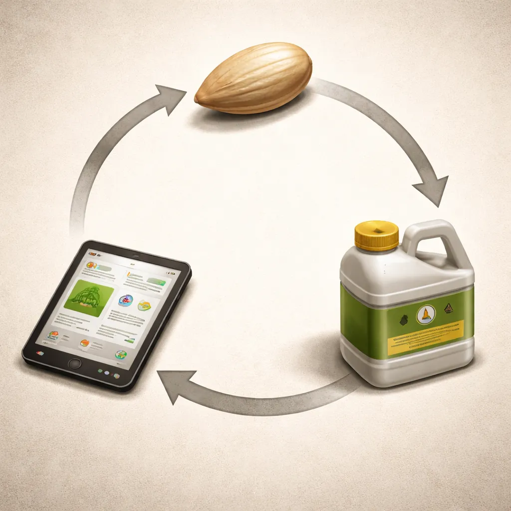 Esquema circular de semilla, producto químico y plataforma digital que representa un sistema agrícola cerrado