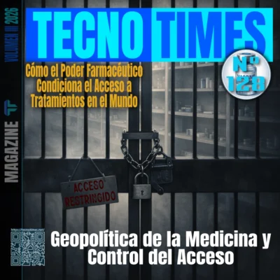 Portada editorial sobre el control del acceso a medicamentos, con una farmacia cerrada por rejas y un candado que simboliza el poder farmacéutico sobre la salud global.