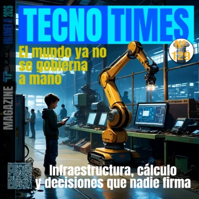 Ilustración de un brazo robótico industrial frente a pantallas de control mientras un niño observa, simbolizando el poder algorítmico y la automatización de decisiones.
