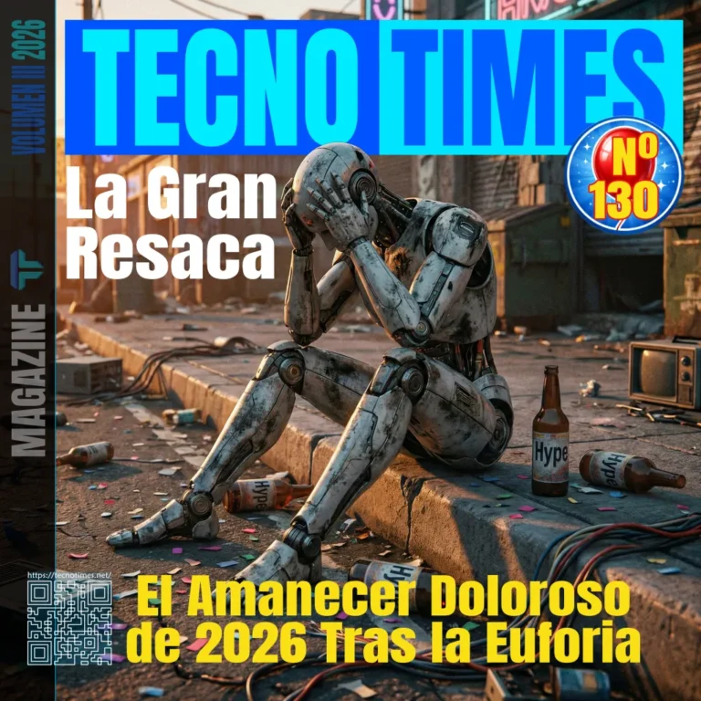 Portada de TecnoTimes con un robot sentado en la calle sujetándose la cabeza, rodeado de botellas y restos de fiesta, simbolizando la resaca tecnológica tras la burbuja de la inteligencia artificial en 2026.