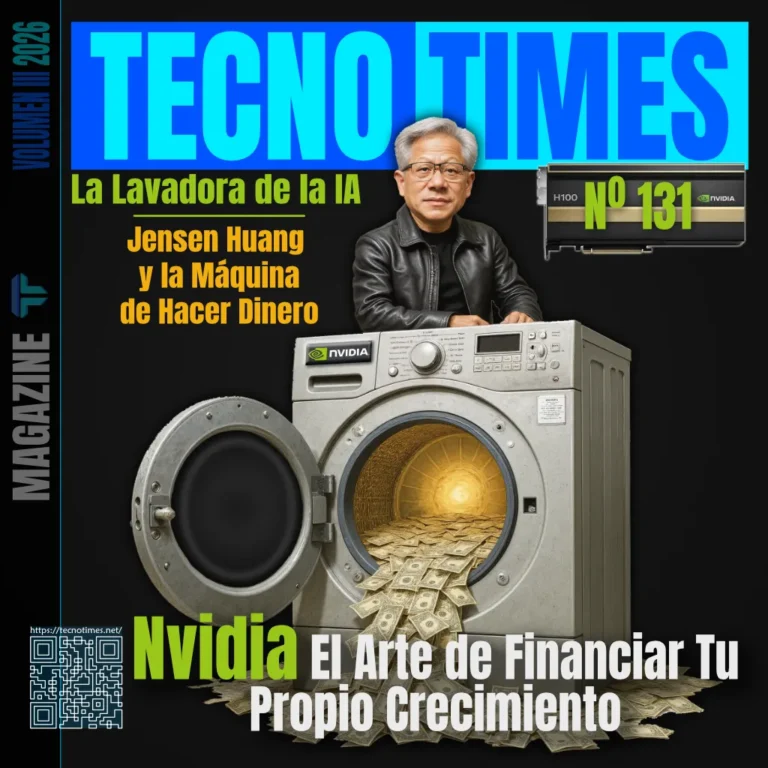 Portada de TecnoTimes número 131 con Jensen Huang sobre una lavadora industrial llena de dinero, simbolizando cómo Nvidia financia su propio crecimiento en la industria de la inteligencia artificial