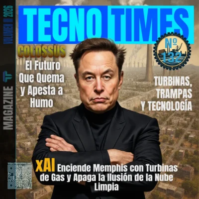 Portada de TecnoTimes número 132 con un ejecutivo tecnológico frente a una ciudad industrial contaminada, simbolizando el coste energético y ambiental de la inteligencia artificial.