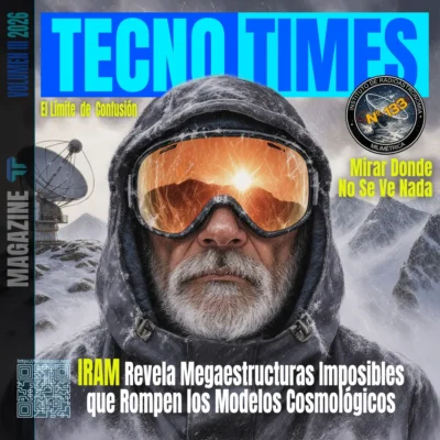 Portada de TecnoTimes mostrando a un astrónomo en condiciones extremas frente a un radiotelescopio, símbolo de la radioastronomía milimétrica y del descubrimiento de megaestructuras cósmicas invisibles en el universo temprano.