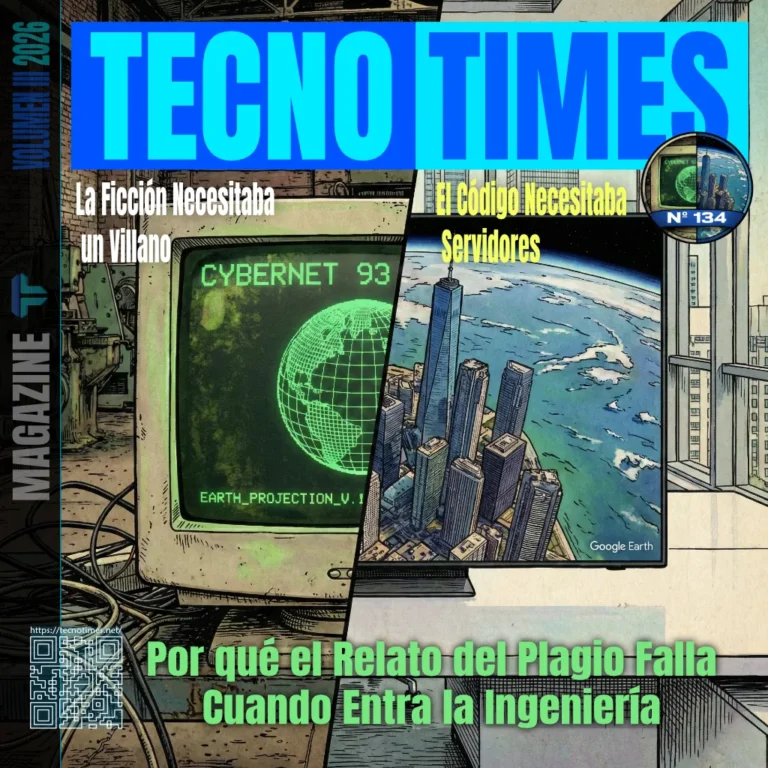 Portada de TecnoTimes que contrapone TerraVision en un ordenador de los años 90 con Google Earth a escala urbana, ilustrando el conflicto entre narrativa de plagio e ingeniería de infraestructuras.
