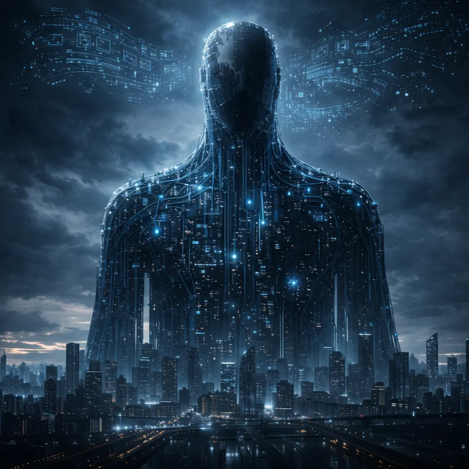 El Leviatán algorítmico en la era de la inteligencia artificial Figura humana abstracta formada por circuitos digitales sobre una ciudad, símbolo del Estado algorítmico y la gestión preventiva del poder mediante inteligencia artificial.