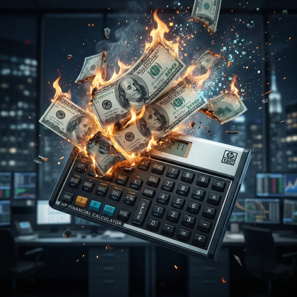 El agujero financiero de la burbuja de la IA Billetes de dólar ardiendo sobre una calculadora financiera en una sala de servidores, representando las pérdidas económicas y el modelo de negocio inflacionario de la inteligencia artificial.