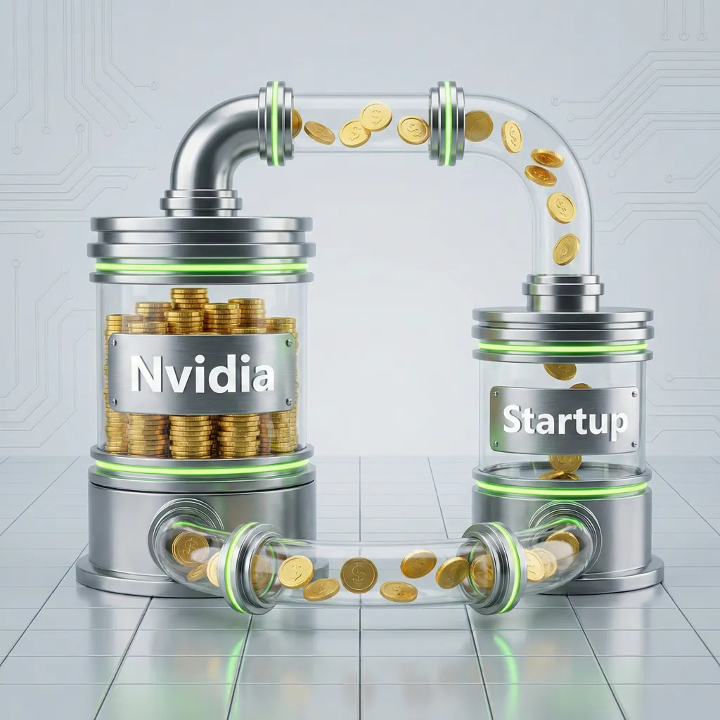 Diagrama visual del vendor financing donde Nvidia financia a una startup y el dinero vuelve en forma de ventas, representado como un circuito cerrado de monedas entre proveedor y cliente