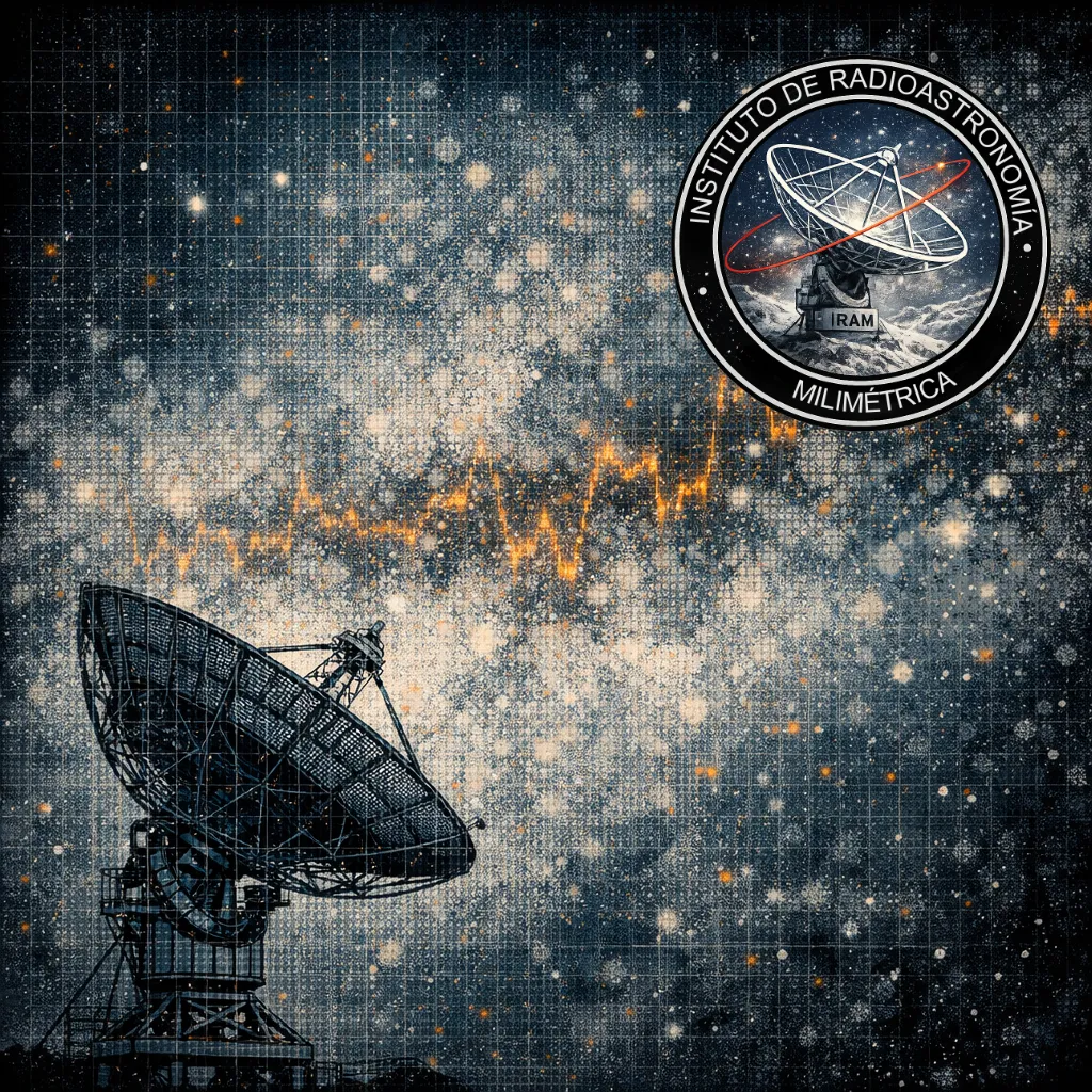 El límite de confusión en radioastronomía Ilustración editorial de un radiotelescopio apuntando a un cielo saturado de señales superpuestas, representando el límite de confusión en radioastronomía cuando múltiples fuentes no pueden resolverse individualmente.