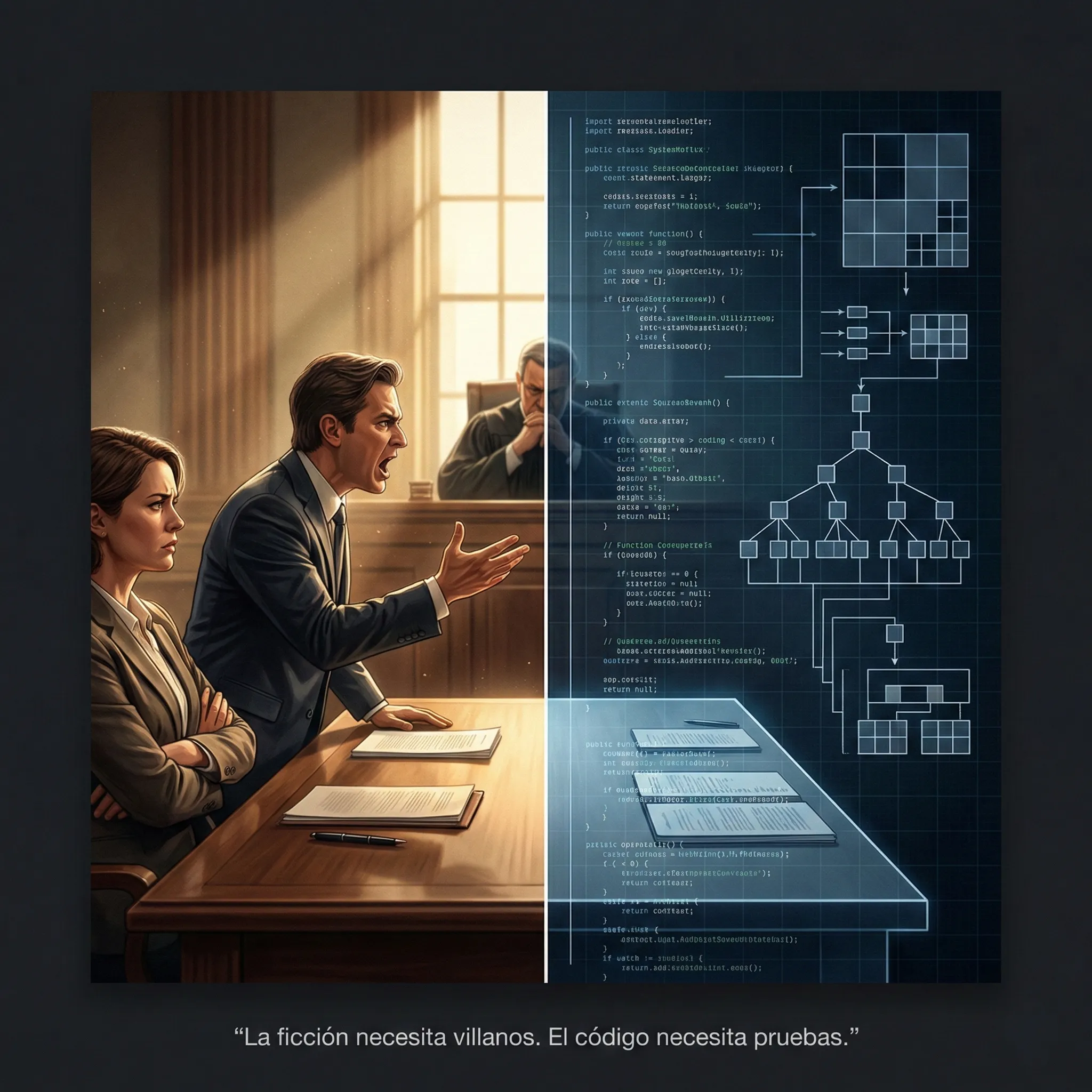Patentes, código y el juicio del globo digital Ilustración editorial de un juicio por patentes enfrentando una narrativa legal con diagramas de código y estructuras algorítmicas, símbolo del caso TerraVision contra Google Earth.