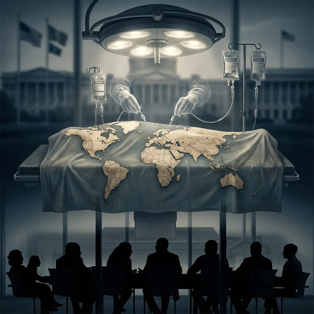 Escena simbólica que representa la toma de decisiones sobre la salud global, con el mundo tratado como un paciente bajo control institucional