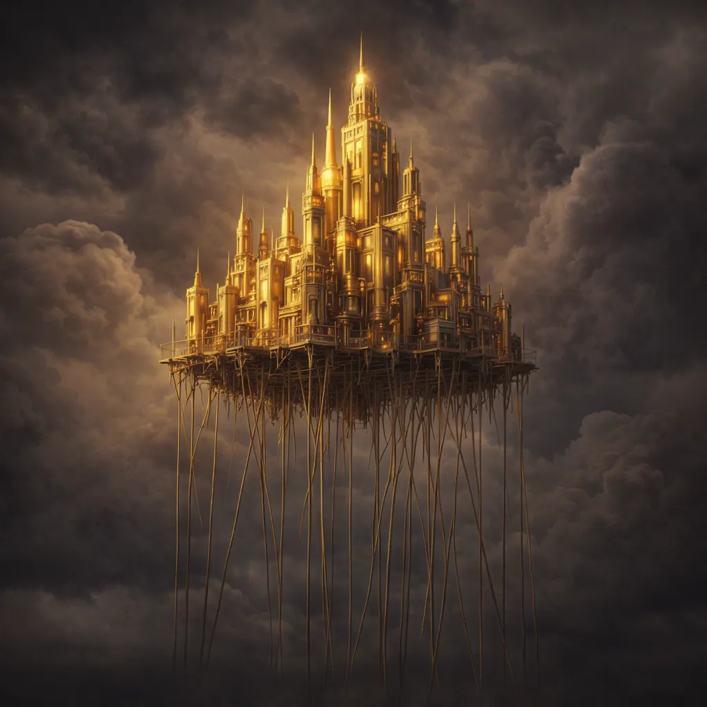 Estructura dorada suspendida en el aire por soportes frágiles, simbolizando el crecimiento financiero apalancado de CoreWeave basado en deuda, colateral tecnológico y expectativas infladas en la industria de la inteligencia artificial