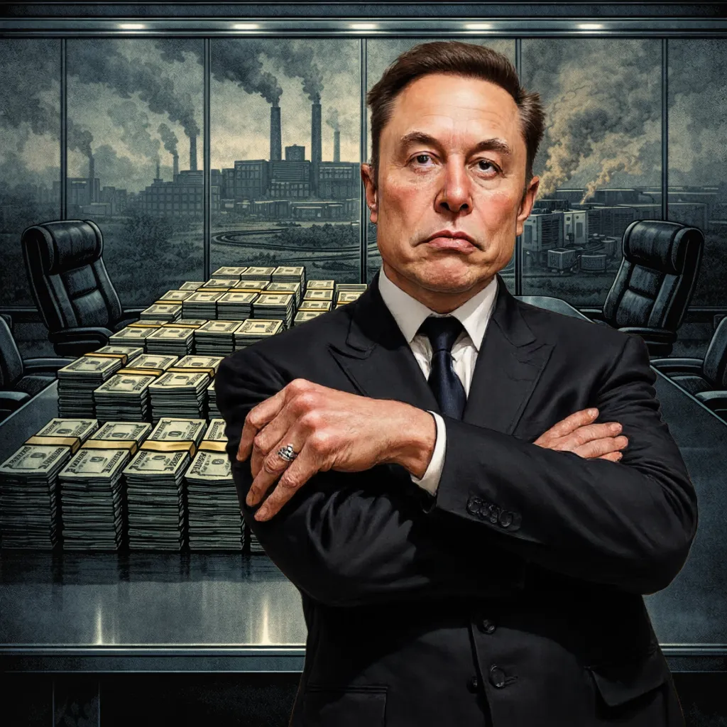 Elon Musk frente a una mesa llena de dinero, con fábricas contaminantes al fondo, como símbolo del coste energético y ambiental de la inteligencia artificial.