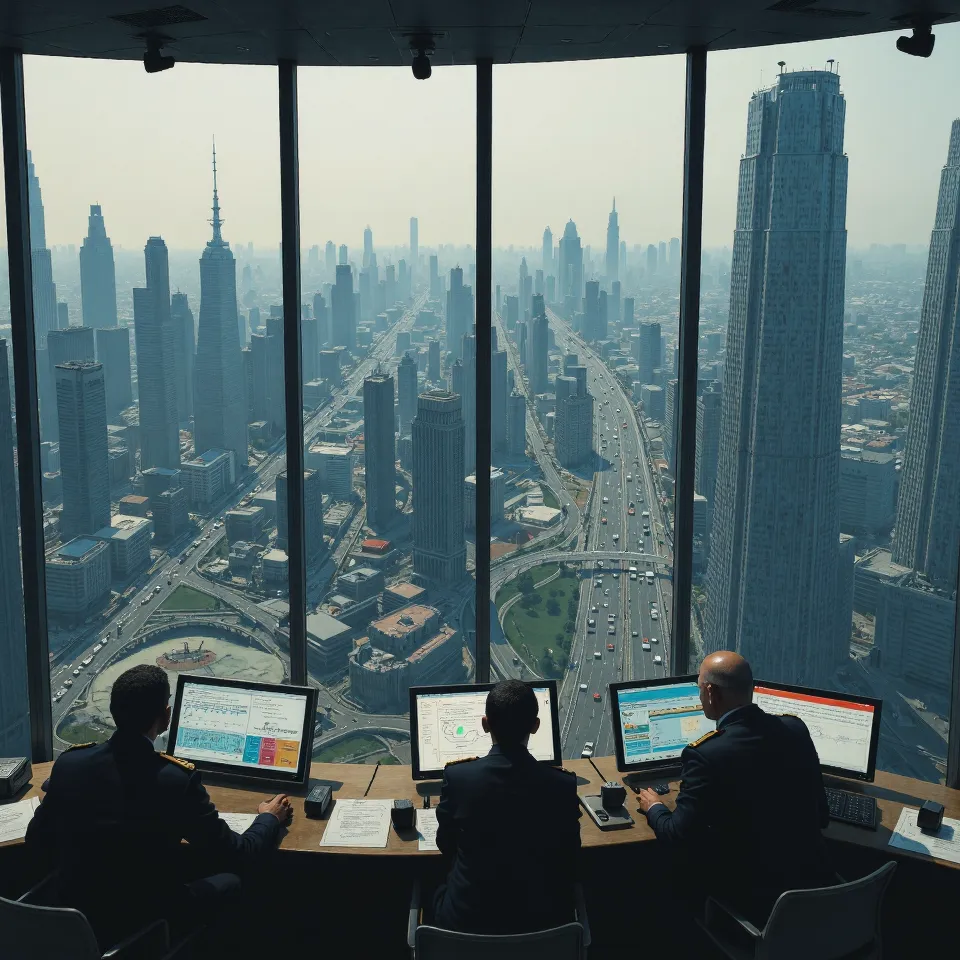 Chips, relato y obediencia en la geopolítica contemporánea Sala de control con analistas frente a pantallas de datos observando una gran ciudad, representación del poder basado en infraestructura, cálculo y control tecnológico.