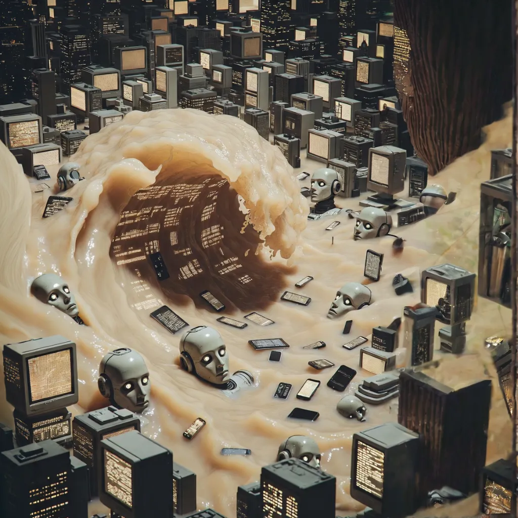 El gran vertedero digital Ola de residuos digitales formada por datos y pantallas, rodeada de servidores y figuras robóticas, simbolizando la saturación de contenido generado por inteligencia artificial en Internet.
