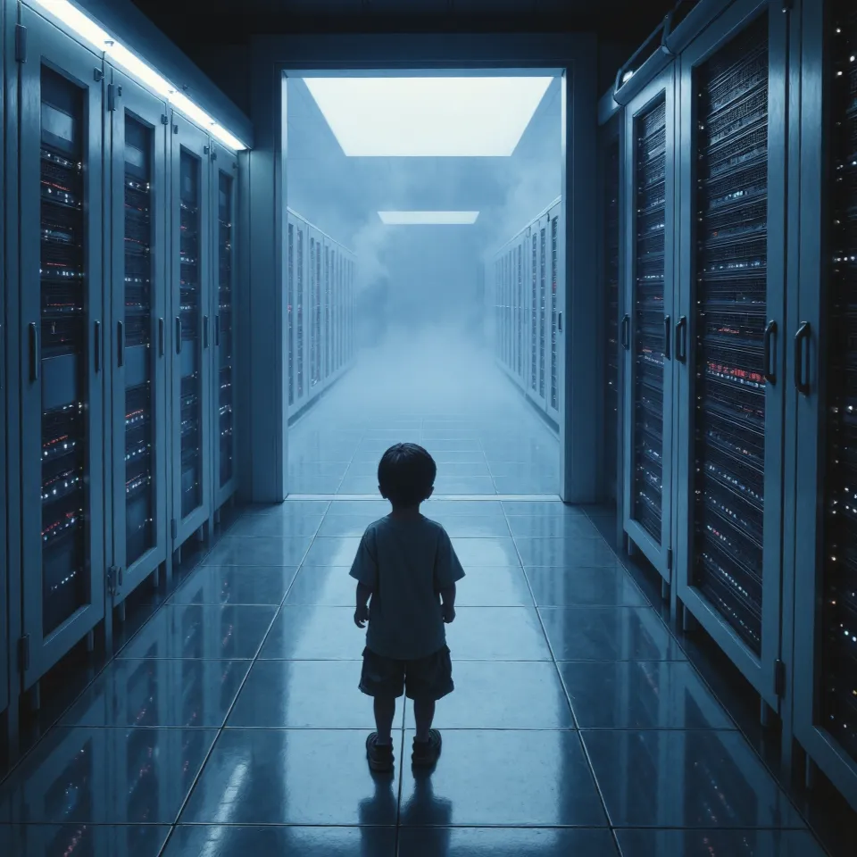 Automatización, mando y ausencia de alternativa Niño solo caminando entre servidores en un centro de datos, símbolo del poder tecnológico automatizado y la ausencia de control humano directo.