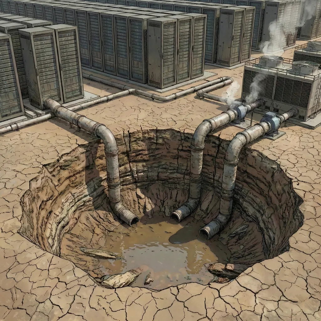 Centro de datos industrial extrayendo grandes volúmenes de agua mediante tuberías, representando el consumo hídrico extremo de la inteligencia artificial.