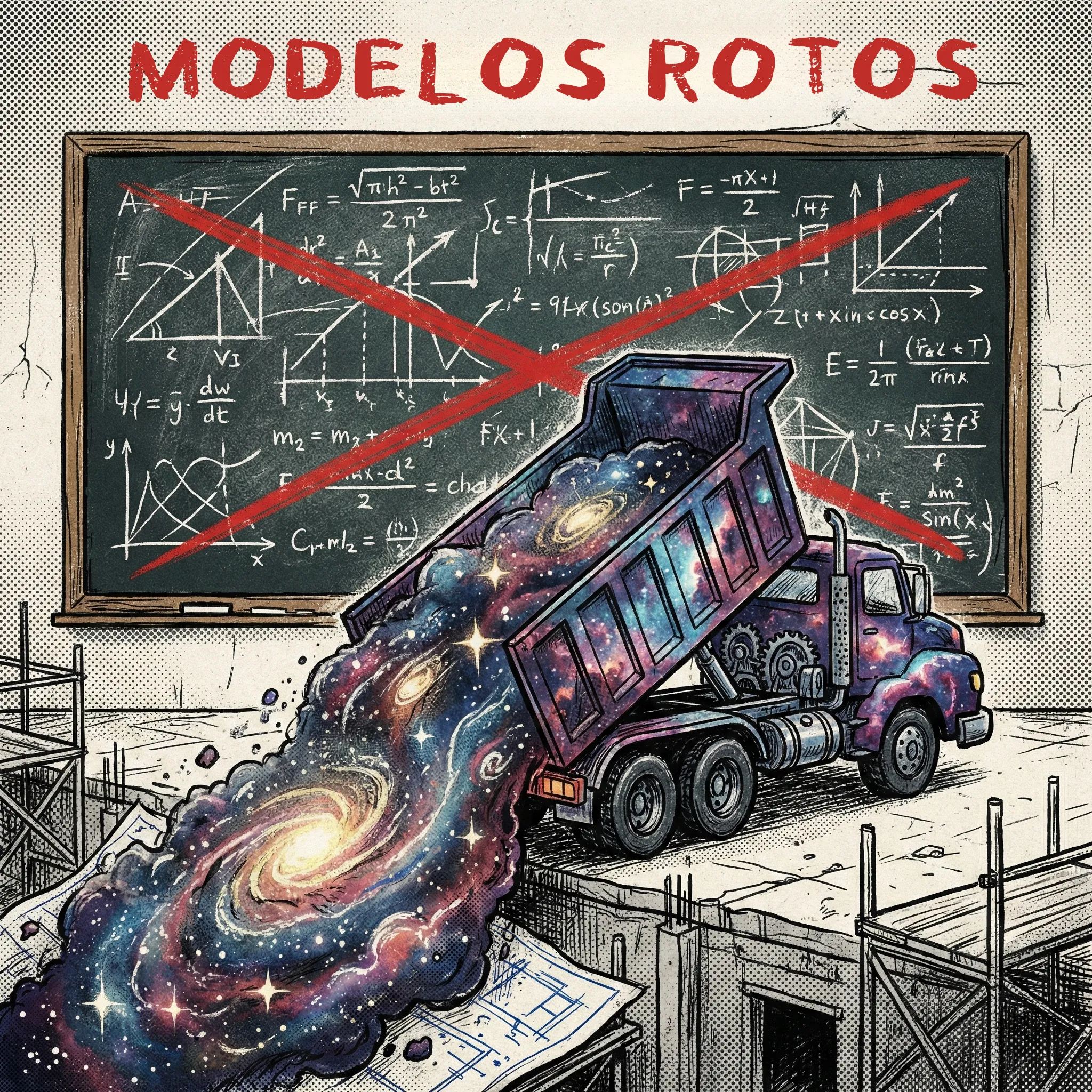 La crisis de los modelos cosmológicos Ilustración editorial de una pizarra con ecuaciones cosmológicas tachadas y un camión descargando materia galáctica de forma abrupta, como metáfora de la ruptura de los modelos teóricos de formación estelar.